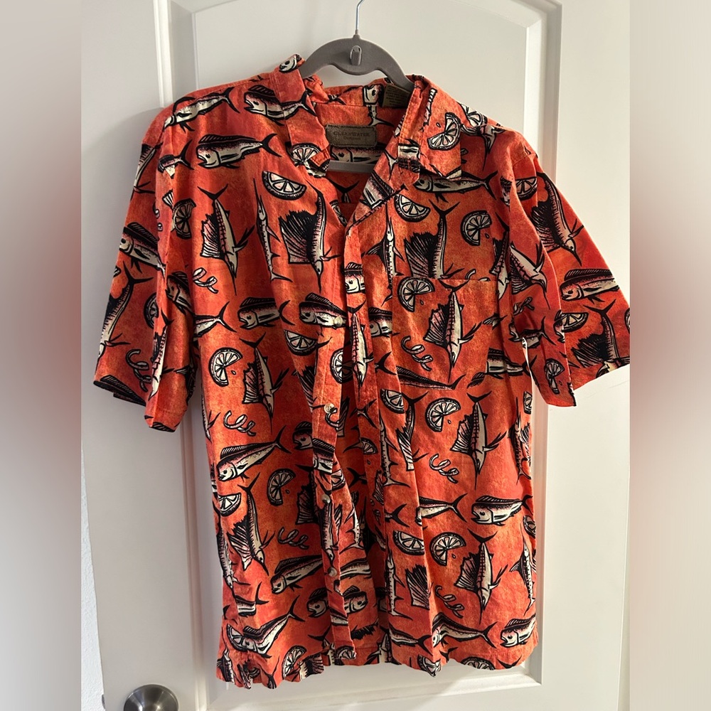Orange Fish Print Men's Buttondown Hawaiian Shirt